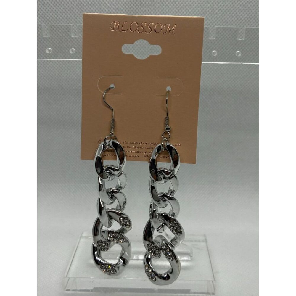 3For$20 Silver Chain Link Drop Earrings Rhinestone Statement Dangle Earrings